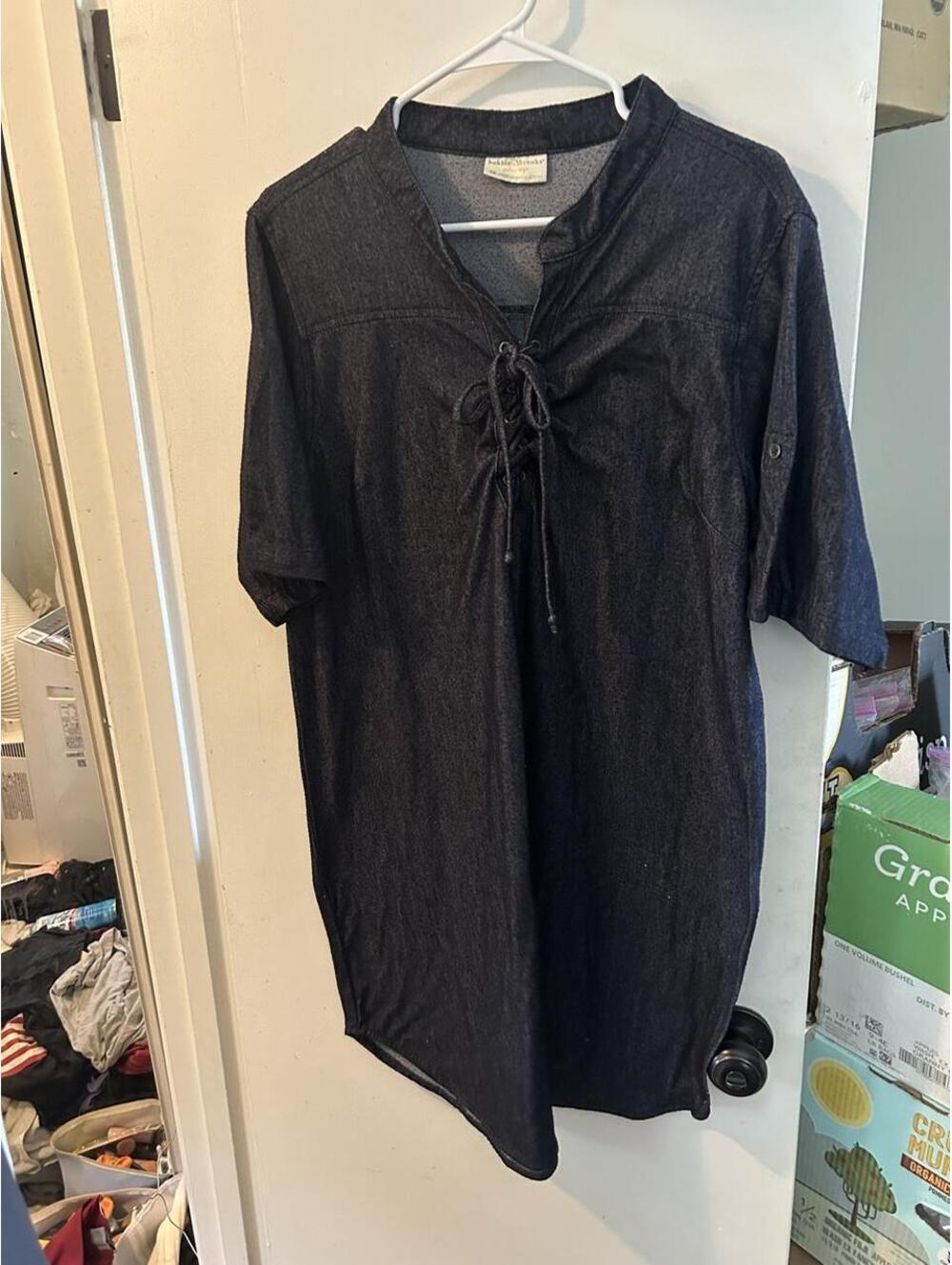 Bobbie Brooks plus size black denim dress with lace up front, size 1XL